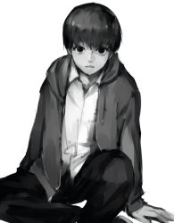 Rule 34 | 1boy, arm support, collared shirt, feet out of frame, grey background, greyscale, hood, hooded jacket, jacket, kaneki ken, looking at viewer, male focus, monochrome, open clothes, open jacket, pants, parted lips, shiromi (ringo), shirt, simple background, sitting, solo, tokyo ghoul