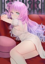 Rule 34 | 1girl, absurdres, bare shoulders, blush, breasts, candy hair ornament, couch, detached sleeves, dress, food-themed hair ornament, gradient hair, green eyes, hair ornament, heterochromia, highres, himemori luna, hololive, indoors, isuka, long hair, looking at viewer, lying, multicolored hair, on couch, open mouth, pillow, pink hair, purple eyes, purple hair, reclining, skirt, sleeveless, sleeveless dress, solo, thighs, virtual youtuber, white dress, white sleeves, window