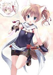 Rule 34 | 1girl, :d, animal ears, black shorts, blush, breasts, brown hair, fox ears, fox tail, headpat, highres, holding, holding knife, ina koyozu, knee up, knife, looking at viewer, one eye closed, one side up, open mouth, purple eyes, ribbon-trimmed shorts, ribbon trim, scarf, sen no hatou tsukisome no kouki, short hair, shorts, small breasts, smile, solo, tail, takepoison, white scarf
