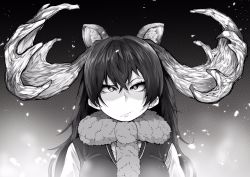 Rule 34 | 10s, 1girl, animal ears, antlers, commentary request, greyscale, highres, horns, kemono friends, long hair, monochrome, moose (kemono friends), moose ears, scarf, solo, uneven eyes, upper body, yonyon (yotayota honpo)