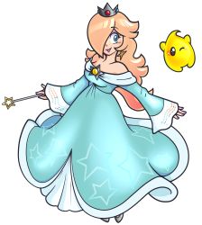 Rule 34 | 1girl, bare shoulders, blonde hair, blue dress, blue eyes, blush stickers, breasts, brooch, crown, dress, earrings, eyelashes, eyeshadow, full body, gonenannurs, grey footwear, hair over one eye, highres, holding, holding wand, jewelry, lips, long dress, long hair, luma (mario), makeup, mario (series), nail polish, nintendo, off-shoulder dress, off shoulder, one eye closed, open hand, outstretched arms, parted lips, pink lips, pinky out, print dress, purple eyeshadow, purple nails, rosalina, small breasts, smile, star (symbol), star earrings, star print, super mario galaxy, super smash bros., wand
