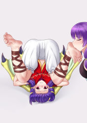 Rule 34 | 2girls, absurdres, barefoot, blue hair, closed eyes, feet, fire emblem, fire emblem: the sacred stones, foot worship, highres, licking, licking foot, long hair, lute (fire emblem), multiple girls, myrrh (fire emblem), nintendo, oirin, purple hair, red eyes, soles, toes, upside-down, yuri