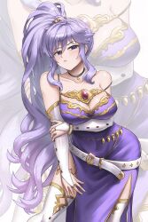 Rule 34 | 1girl, bare shoulders, breasts, bridal gauntlets, burnt green tea, cleavage, closed mouth, commentary, dress, elbow gloves, english commentary, fire emblem, fire emblem: genealogy of the holy war, gloves, gold trim, highres, ishtar (fire emblem), jewelry, large breasts, long hair, looking at viewer, nintendo, ponytail, purple eyes, purple hair, sleeveless, sleeveless dress, solo, thighhighs, very long hair, white gloves, white thighhighs