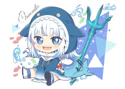 Rule 34 | 1girl, :d, animal costume, animal hood, between legs, blue eyes, blue hair, blue hoodie, chibi, chibi only, fins, fish tail, full body, gawr gura, gawr gura (1st costume), gradient sleeves, grey hair, hand between legs, highres, hololive, hololive english, hood, hoodie, light blush, long sleeves, looking at viewer, medium hair, momone cco, multicolored hair, no pants, open mouth, polearm, shark costume, shark girl, shark hood, shark tail, sharp teeth, shoes, signature, sitting, sleeves past fingers, sleeves past wrists, smile, sneakers, solo, streaked hair, tail, tail wagging, teeth, trident, v arms, virtual youtuber, weapon, white footwear, wide sleeves