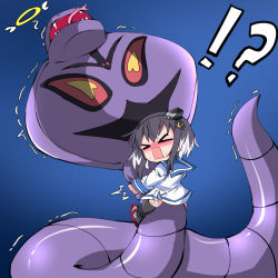 Rule 34 | !?, &gt; &lt;, 1girl, anchor symbol, arbok, bad id, bad twitter id, black hair, black thighhighs, blue background, blue sailor collar, blush, constriction, creatures (company), crossover, dain 961, dress, fangs, game freak, gen 1 pokemon, halo, hat, kantai collection, long sleeves, mini hat, multicolored hair, nintendo, open mouth, pokemon, pokemon (creature), role reversal, sailor collar, sailor dress, short hair with long locks, silver hair, sweat, thighhighs, tokitsukaze (kancolle), tongue, trembling, white dress, you&#039;re doing it wrong