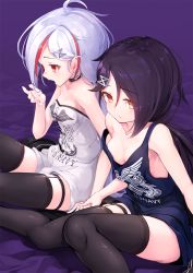 Rule 34 | 2girls, ahoge, azur lane, bandaid, bandaid on face, bandaid on nose, bare shoulders, black hair, black legwear, breasts, cassin (azur lane), collarbone, downes (azur lane), earrings, eorx, hair ornament, hairclip, heterochromia, jewelry, long hair, looking at viewer, low ponytail, mole, mole under eye, multicolored hair, multiple girls, open mouth, red eyes, red hair, retrofit (azur lane), shirt, small breasts, strap slip, streaked hair, thigh strap, thighhighs, two-tone hair, white hair, yellow eyes