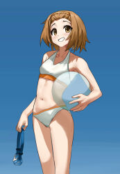 Rule 34 | 1girl, absurdres, ball, bikini, brown eyes, brown hair, commission, day, goggles, grin, hairband, highres, holding, holding ball, holding goggles, k-on!, keibi inu, looking at viewer, navel, outdoors, pixiv commission, short hair, smile, solo, standing, swimsuit, tainaka ritsu, teeth, white bikini