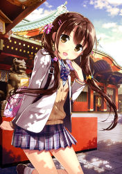 Rule 34 | 1girl, :3, :d, absurdres, architecture, arm behind back, backpack, bag, blazer, blue bow, blue bowtie, blue flower, blue shirt, blue skirt, blue sky, blush, blush stickers, book, bow, bowtie, breasts, brown eyes, brown footwear, brown hair, brown socks, brown vest, clenched hand, cloud, cloudy sky, collared shirt, cowboy shot, dappled sunlight, day, diagonal-striped bow, diagonal-striped bowtie, diagonal-striped clothes, diagonal-striped neckwear, east asian architecture, flower, fujima takuya, hair between eyes, hair flower, hair ornament, hair ribbon, hairclip, handbag, highres, holding, jacket, charm (object), loafers, long hair, looking at viewer, miniskirt, official art, open clothes, open jacket, open mouth, orange flower, original, outdoors, pink flower, pink lips, pink stripes, plaid, plaid skirt, pleated skirt, rabbit charm, red flower, ribbon, scan, school emblem, school uniform, shadow, shirt, shoes, shoulder bag, shrine, skirt, sky, small breasts, smile, socks, solo, stairs, standing, standing on one leg, statue, striped bow, striped bowtie, striped clothes, striped neckwear, sunlight, sweater vest, tongue, translation request, tree, tree shade, twintails, vest, white jacket, white socks, white stripes, yellow flower