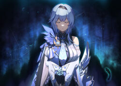 Rule 34 | 1girl, absurdres, black gloves, black hairband, blue cape, blue hair, blue necktie, breasts, cape, closed eyes, closed mouth, clothing cutout, double-parted bangs, dynamotor, eula (genshin impact), falling feathers, feathers, genshin impact, gloves, gradient background, hairband, hands on hilt, high-waist shorts, highres, large breasts, medium hair, necktie, own hands together, serious, shorts, shoulder cutout, sidelocks, solo, spotlight, upper body, vision (genshin impact), white sleeves, wide sleeves