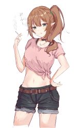 Rule 34 | 1girl, absurdres, belt, belt buckle, blush, breasts, brown hair, buckle, chloe (princess connect!), choker, cigarette, female focus, green eyes, groin, half-closed eyes, hand on own hip, hand up, highres, holding, holding cigarette, jewelry, long pointy ears, looking at viewer, medium breasts, navel, necklace, open mouth, pendant, pointy ears, ponytail, princess connect!, shorts, simple background, smoking, solo, yasushi (n0t 0t4ku)
