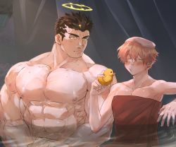 Rule 34 | 2boys, abs, asahi (zabaniyan), bara, blush, completely nude, couple, facial hair, fire, flaming halo, halo, head out of frame, highres, large pectorals, looking at another, looking away, male focus, multiple boys, muscular, muscular male, naked towel, nipples, nude, partially submerged, pectoral cleavage, pectorals, protagonist 4 (housamo), rubber duck, same-sex bathing, shared bathing, shiny skin, solo, stubble, sweatdrop, tokyo houkago summoners, toned, toned male, towel, towel on head, upper body, wet, yaoi, zabaniyya (housamo)