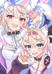 Rule 34 | 2girls, animal ear fluff, animal ears, belt collar, black collar, black jacket, blonde hair, blue eyes, blue hair, blue nails, breasts, claw pose, collar, cropped jacket, cropped shirt, dog ears, dog girl, dog tail, fangs, fur-trimmed jacket, fur trim, fuwamoco, fuwawa abyssgard, fuwawa abyssgard (1st costume), hair ornament, hairpin, headphones, headphones around neck, highres, hirasawa izumi, hololive, hololive english, jacket, large breasts, long hair, looking at viewer, medium hair, mococo abyssgard, mococo abyssgard (1st costume), multicolored hair, multiple girls, nail polish, pink eyes, pink hair, pink nails, shirt, siblings, sisters, small breasts, streaked hair, tail, teeth, twins, upper teeth only, virtual youtuber, white shirt, x hair ornament