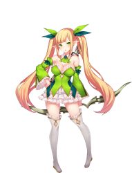 Rule 34 | 1girl, arrow (projectile), bare shoulders, blonde hair, blush, boots, bow (weapon), breasts, cleavage, detached collar, detached sleeves, full body, green eyes, hand on own hip, holding, large breasts, legs, long hair, looking at viewer, parted lips, pointy ears, quiver, sennen sensou aigis, skirt, solo, spica (sennen sensou aigis), standing, thigh boots, thighhighs, thighs, transparent background, twintails, weapon, white background, white skirt, wide sleeves, zettai ryouiki