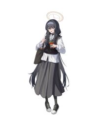Rule 34 | 1girl, absurdres, alternate costume, bag, black bag, black footwear, black hair, black pantyhose, black skirt, black vest, blue archive, blue eyes, blue headband, book, commentary, cup, drinking straw, eyewear strap, full body, hair between eyes, halo, headband, highres, holding, holding cup, iced coffee, jewelry, jw (wrdawrda), long skirt, looking at viewer, necklace, open mouth, pantyhose, round eyewear, satchel, shirt, shoes, simple background, skirt, sneakers, solo, ui (blue archive), vest, white background, white shirt