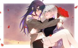 Rule 34 | 2girls, arms around neck, black camisole, black hair, black shorts, black sweater, blush, border, bouquet, bronya rand, camisole, carrying, closed mouth, commentary, earrings, eye contact, falling petals, flower, grey eyes, grey shirt, hashtag-only commentary, highres, holding, holding bouquet, honkai: star rail, honkai (series), jewelry, long hair, looking at another, multicolored hair, multiple girls, open clothes, open mouth, open shirt, outdoors, outside border, petals, princess carry, purple eyes, purple hair, red flower, red rose, ring, rose, seele (honkai: star rail), shirt, shorts, smile, streaked hair, sunset, sweater, tpt3p, wedding ring, white border, white hair, wife and wife, yuri