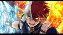 Rule 34 | 1boy, blue eyes, boku no hero academia, burn scar, fire, grey eyes, heterochromia, highres, ice, incoming attack, letterboxed, looking at viewer, male focus, mkm (mkm storage), multicolored hair, open mouth, red hair, scar, scar on face, signature, solo, split-color hair, teeth, todoroki shouto, tongue, two-tone hair, u.a. gym uniform, white hair
