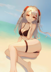 Rule 34 | 1girl, ahoge, arm at side, arm support, ass, azur lane, bare arms, bare legs, bare shoulders, barefoot, bikini, black bikini, black neckwear, breasts, brown eyes, choker, cleavage, closed mouth, collarbone, cross, cross earrings, day, earrings, eyelashes, finger in own mouth, finger sucking, front-tie bikini top, front-tie top, hair between eyes, hair ornament, hand up, highres, iron cross, jewelry, long hair, looking at viewer, medium breasts, ocarino, outdoors, prinz eugen (azur lane), side-tie bikini bottom, silver hair, sitting, sky, smile, solo, spaghetti strap, string bikini, swimsuit, thigh strap, twintails, two side up, yokozuwari