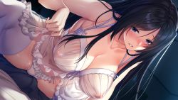 Rule 34 | 1girl, azarashi soft, bed, black hair, blue eyes, blush, boku to kanojo no kojin lesson, breasts, bulge, cameltoe, cleavage, clenched teeth, cowgirl position, erection, erection under clothes, frills, from below, game cg, girl on top, grinding, grinding over clothes, groin, highres, hinazuka ryou, indoors, large breasts, legs, lifted by self, lingerie, long hair, lying, nipples, on bed, panties, parted bangs, parted lips, penis, pussy, see-through, straddling, sweat, teasing, teeth, thighhighs, thighs, tsukimori misaki, underwear
