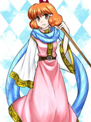 Rule 34 | 74, brown eyes, curly hair, dress, fire emblem, fire emblem: genealogy of the holy war, lana (fire emblem), nintendo, orange hair, scarf, smile, solo, staff, striped clothes, striped scarf