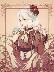 Rule 34 | bad id, bad pixiv id, blue eyes, cake, cat, chocolate, corset, cross-laced clothes, cross-laced corset, food, heart-shaped food, inko (mini), object on head, original, silver hair, solo, valentine