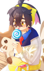 Rule 34 | 1boy, black hair, blue shirt, blush, candy, candy wrapper, collared shirt, colored inner hair, commentary request, creatures (company), crossed bangs, fanny pack, food, furret, game freak, gen 2 pokemon, hair between eyes, hairband, highres, holding, holding candy, holding food, holding lollipop, jacket, kieran (pokemon), lollipop, long sleeves, looking down, male focus, mole, mole on neck, multicolored hair, necktie, ninkou tan, nintendo, pokemon, pokemon (creature), pokemon sv, red necktie, shirt, tongue, tongue out, white background, white jacket, yellow bag, yellow hairband