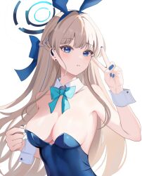 Rule 34 | 1girl, absurdres, animal ears, bare shoulders, blonde hair, blue archive, blue bow, blue eyes, blue hairband, blue leotard, blue nails, bow, bowtie, braid, breasts, cleavage, detached collar, fake animal ears, hairband, halo, highres, i am love, leotard, long hair, medium breasts, official alternate costume, official alternate hairstyle, parted lips, playboy bunny, rabbit ears, thighs, toki (blue archive), toki (bunny) (blue archive), upper body, v, very long hair, wrist cuffs
