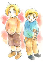Rule 34 | 2boys, aged down, alphonse elric, animal, ankle boots, black footwear, black legwear, blonde hair, blue shirt, boots, brothers, brown cat, brown footwear, brown pants, brown shorts, cat, child, closed mouth, color ink (medium), dot nose, edward elric, full body, fullmetal alchemist, gradient background, hands in pockets, happy, holding, holding animal, holding cat, leaning, leaning forward, light blush, long sleeves, looking afar, looking at viewer, male focus, multiple boys, orange background, orange shirt, outline, pants, red background, shirt, shorts, siblings, side-by-side, simple background, smile, socks, standing, suspenders, tareme, traditional media, uho (uhoponta), white background, white outline, yellow eyes