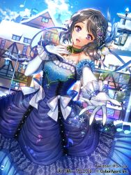 Rule 34 | 1girl, :d, bare shoulders, beamed eighth notes, blue dress, blue sky, bow, brown hair, building, choker, day, dress, elbow gloves, flower, gloves, green choker, hair flower, hair ornament, hand up, lamppost, looking at viewer, medium hair, music, musical note, official art, open mouth, outdoors, outstretched hand, purple eyes, quarter note, sila (carpen), singing, sky, smile, snowflakes, standing, tenka touitsu chronicle, watermark, white bow, white gloves, winter