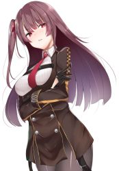 Rule 34 | 1girl, ashino, black gloves, blunt bangs, blush, breasts, buttons, collared shirt, commentary request, cowboy shot, crossed arms, double-breasted, from above, girls&#039; frontline, gloves, grey pantyhose, hair ribbon, long hair, long sleeves, looking down, medium breasts, necktie, nose blush, one side up, open mouth, pantyhose, pink eyes, pink necktie, pink ribbon, purple hair, ribbon, shirt, simple background, solo, straight hair, v-shaped eyebrows, very long hair, wa2000 (girls&#039; frontline), white background, white shirt, wing collar