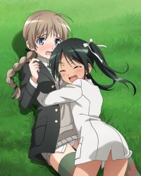 Rule 34 | 2girls, blue eyes, blush, breasts, brown hair, closed eyes, fang, francesca lucchini, green hair, hair ornament, hair ribbon, hug, lynette bishop, medium breasts, multiple girls, non-web source, open mouth, panties, ribbon, small breasts, smile, strike witches, thighhighs, twintails, underwear, white panties, world witches series, yuri