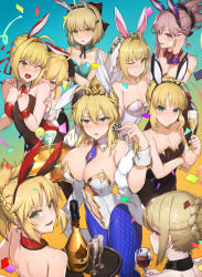 Rule 34 | 6+girls, absurdres, ahoge, alternate costume, animal ears, artoria pendragon (all), artoria pendragon (fate), artoria pendragon (swimsuit ruler) (fate), asymmetrical hair, black leotard, blonde hair, blue eyes, blue leotard, blue neckwear, blue pantyhose, blush, braid, breasts, clothing cutout, detached collar, earrings, fake animal ears, fate/apocrypha, fate/extra, fate/extra ccc, fate/grand order, fate/stay night, fate/unlimited codes, fate (series), feather boa, fishnet pantyhose, fishnets, french braid, green eyes, green leotard, hair ornament, highleg, highleg leotard, highres, jewelry, koha-ace, large breasts, leotard, long hair, looking at viewer, medium breasts, miyamoto musashi (fate), mordred (fate), mordred (fate/apocrypha), multiple girls, navel cutout, nero claudius (bride) (fate), nero claudius (fate), nero claudius (fate) (all), nero claudius (fate/extra), okita souji (fate), okita souji (koha-ace), open mouth, pantyhose, peachpa, pink hair, playboy bunny, poker chip, ponytail, rabbit ears, red leotard, red scrunchie, saber (fate), saber alter, saber lily, scrunchie, short hair, sidelocks, small breasts, smile, swept bangs, tiara, white leotard, wrist cuffs, yellow eyes