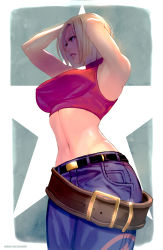 Rule 34 | 1girl, armpits, bare shoulders, belt, blonde hair, blue eyes, blue mary, breasts, closed mouth, commentary, crop top, fatal fury, large breasts, midriff, navel, rejean dubois, short hair, snk, solo, straight hair, the king of fighters