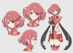 Rule 34 | 1girl, blush, breasts, covered navel, earrings, fingerless gloves, gem, gloves, hair ornament, headpiece, highres, jewelry, large breasts, looking at viewer, mochimochi (xseynao), nintendo, pyra (xenoblade), red eyes, red hair, short hair, shorts, simple background, smile, solo, swept bangs, tiara, xenoblade chronicles (series), xenoblade chronicles 2