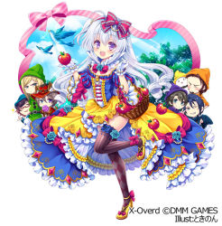 Rule 34 | 1girl, 6+boys, :d, apple, basket, black hair, blonde hair, blue hair, blue sky, blush, bow, cloud, cosplay, disney, food, frills, fruit, glasses, gloves, green hat, hair bow, hand up, hat, holding, holding food, long hair, looking at viewer, md5 mismatch, multiple boys, nonno, official art, open mouth, orange hat, pink bow, pink ribbon, purple eyes, purple hat, red bow, red hat, resolution mismatch, ribbon, silver hair, sky, smile, snow white, snow white (disney), snow white (disney) (cosplay), snow white and the seven dwarfs, source larger, standing, standing on one leg, tokinon, tree, white gloves, x-overd, yellow footwear, yellow hat