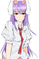 Rule 34 | 1girl, absurdres, animal ears, bad id, bad pixiv id, rabbit ears, colorized, female focus, highres, light smile, long hair, looking at viewer, minato18, necktie, puffy sleeves, purple hair, red eyes, reisen udongein inaba, shirt, short sleeves, smile, solo, touhou, white background, white shirt