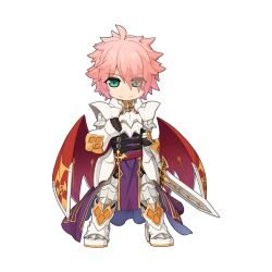 Rule 34 | 1boy, armor, armored boots, black gloves, blue eyes, boots, breastplate, cape, chibi, clenched hand, closed mouth, cross, dragon knight (ragnarok online), eyes visible through hair, full body, gauntlets, gloves, hair between eyes, holding, holding sword, holding weapon, leg armor, long bangs, looking at viewer, male focus, official art, pauldrons, pink hair, purple tabard, ragnarok online, red cape, short hair, shoulder armor, simple background, smile, solo, standing, sword, tabard, tachi-e, transparent background, weapon, yuichirou