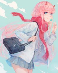 Rule 34 | 10s, 1girl, :q, bag, bag charm, blue sky, blush, candy, charm (object), closed mouth, cloud, cowboy shot, darling in the franxx, day, food, from side, grey skirt, handbag, holding, holding food, horns, jacket, kisei2, leaning forward, lollipop, long sleeves, looking at viewer, miniskirt, necktie, no hairband, open clothes, open jacket, outdoors, pleated skirt, red scarf, scarf, shirt, shoulder bag, skirt, sky, smile, solo, standing, striped necktie, striped neckwear, tongue, tongue out, unbuttoned, white jacket, white shirt, zero two (darling in the franxx)