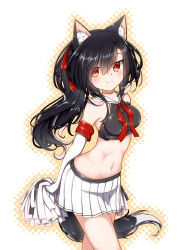 Rule 34 | 1girl, animal ear fluff, animal ears, arms behind back, azur lane, bare legs, bare shoulders, black hair, black shirt, blush, breasts, cheerleader, commentary request, cowboy shot, crop top, elbow gloves, fang, fang out, gloves, groin, hair between eyes, hair ribbon, hestia (neko itachi), holding, holding pom poms, long hair, looking at viewer, medium breasts, midriff, multicolored hair, navel, neck ribbon, outline, pleated skirt, pom pom (cheerleading), pom poms, ponytail, red eyes, red ribbon, ribbon, sailor collar, shigure (azur lane), shirt, simple background, skirt, smile, solo, standing, tail, taut clothes, taut shirt, two-tone hair, white background, white gloves, white hair, white sailor collar, white skirt, wolf ears, wolf girl, wolf tail