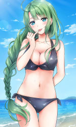 Rule 34 | 1girl, :p, ahoge, bare arms, bare shoulders, beach, bikini, black bikini, black ribbon, blue sky, blush, braid, breasts, cleavage, closed mouth, cloud, collarbone, cowboy shot, day, finger to mouth, front-tie bikini top, front-tie top, gluteal fold, head tilt, highres, horizon, kantai collection, lens flare, long hair, looking at viewer, medium breasts, mole, mole under mouth, nanashiki fuuka, ocean, pinky to mouth, ribbon, shore, single braid, sky, smile, solo, sparkle, standing, swimsuit, thigh gap, tongue, tongue out, very long hair, water, water drop, yuugumo (kancolle)