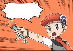 Rule 34 | 1boy, asatsuki (fgfff), black hair, blank speech bubble, commentary request, creatures (company), emphasis lines, game freak, grey eyes, hat, holding, holding microphone, lucas (pokemon), male focus, microphone, nintendo, open mouth, orange background, orange hat, orange scarf, pokemon, pokemon dppt, scarf, short hair, short sleeves, solo, speech bubble, teeth, template, tongue, upper body, upper teeth only, v-shaped eyebrows