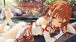 Rule 34 | 10s, 1girl, ass, asuna (sao), bare shoulders, barefoot, boots, brown eyes, brown hair, buriki, clothes lift, detached sleeves, eyecatch, feet, highres, lips, long hair, looking at viewer, lying, official art, on stomach, panties, partially submerged, shoes, single shoe, single thighhigh, skirt, skirt lift, solo, sword art online, thighhighs, toes, underwear, upskirt, water, wet, wet clothes, wet hair, white panties, white thighhighs