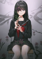 Rule 34 | alternate hairstyle, ameyame, black eyes, black flower, black hair, black sailor collar, black serafuku, black shirt, black skirt, blush, chair, flower, highres, holding, holding flower, idolmaster, idolmaster shiny colors, kazano hiori, lily (flower), long hair, looking at viewer, mole, mole under mouth, nail polish, neckerchief, open mouth, pantyhose, pleated skirt, red neckerchief, sailor collar, school chair, school uniform, serafuku, shirt, sitting, skirt, solo, swept bangs, white pantyhose