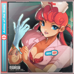 Rule 34 | 1girl, album cover, blink-182, blue eyes, blue gloves, bra, breasts, butterfree, cleavage, commentary, cover, creatures (company), dress, edwin huang, enema of the state (album), english commentary, english text, fake cover, game freak, gen 1 pokemon, gloves, hat, joy (pokemon), latex, latex gloves, lipstick, long eyelashes, long hair, makeup, medium breasts, nintendo, nurse cap, oddish, parental advisory, parody, parted lips, pink dress, pink lips, pokemon, pokemon (anime), pokemon (creature), puffy short sleeves, puffy sleeves, red bra, red hair, short sleeves, single glove, solo, underwear