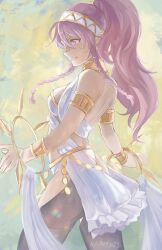 Rule 34 | 1girl, absurdres, armlet, bracelet, braid, breasts, commentary request, cowboy shot, fire emblem, fire emblem awakening, hairband, highres, jewelry, kaphrin, long hair, nintendo, olivia (fire emblem), pink eyes, pink hair, ponytail, small breasts, solo, standing, twin braids, white hairband