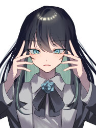 Rule 34 | 1girl, absurdres, ado (utaite), black bow, black bowtie, black hair, black jacket, blue eyes, bow, bowtie, chando (ado), collared shirt, colored inner hair, commentary, formal, green hair, hair between eyes, hands up, highres, jacket, long hair, long sleeves, looking at viewer, mole, mole under eye, multicolored hair, niconico, parted lips, shirt, sidelocks, simple background, solo, tsukuno tsuki, upper body, utaite, white background, white shirt