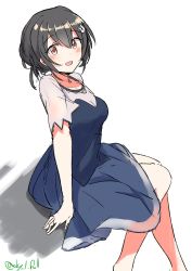 Rule 34 | 1girl, absurdres, black hair, blue dress, dress, hair bun, hair flaps, highres, jingei (kancolle), kantai collection, long hair, official alternate costume, one-hour drawing challenge, red eyes, robinson (day l full), short sleeves, simple background, sitting, solo, white background