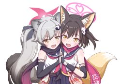 Rule 34 | 2girls, :3, :d, animal ears, black gloves, black hair, black scarf, black skirt, blue archive, commentary request, elbow gloves, eyeshadow, fang, fingerless gloves, fox ears, fox girl, fox hair ornament, fox tail, gloves, gradient hair, grey hair, hadanugi dousa, hair between eyes, hair ornament, halo, highres, holding hands, interlocked fingers, izuna (blue archive), japanese clothes, kuji-in, long hair, long sleeves, looking at viewer, makeup, medium hair, michiru (blue archive), mugisepa, multicolored hair, multiple girls, ninja, one side up, open kimono, open mouth, pink halo, pleated skirt, pom pom (clothes), pom pom hair ornament, raccoon ears, raccoon girl, raccoon hair ornament, raccoon tail, red eyeshadow, red scarf, revision, rope, scarf, school uniform, serafuku, shimenawa, short eyebrows, sidelocks, simple background, skin fang, skirt, sleeveless, smile, tail, thick eyebrows, twintails, two-tone hair, white background, wide sleeves, yellow eyes