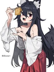 Rule 34 | 1girl, animal ears, black hair, blush, chopsticks, collarbone, commission, dress, eating, flat chest, highres, long hair, looking at viewer, loose clothes, loose shirt, open clothes, open mouth, red dress, red eyes, ribs, shirt, shisoneri, simple background, skeb commission, skirt, tail, white background