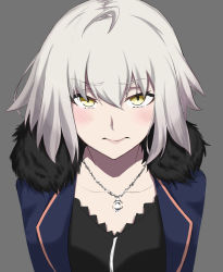 Rule 34 | 1girl, absurdres, ahoge, bad id, bad pixiv id, blush, closed mouth, collarbone, commentary request, facing viewer, fate/grand order, fate (series), fur-trimmed jacket, fur trim, grey background, highres, jacket, jeanne d&#039;arc (fate), jeanne d&#039;arc alter (fate), jeanne d&#039;arc alter (ver. shinjuku 1999) (fate), jewelry, looking at viewer, necklace, nervous, official alternate costume, pale skin, shirayuiii, short hair, silver hair, simple background, solo, yellow eyes