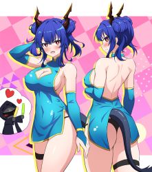 Rule 34 | 1girl, absurdres, arknights, ass, backless dress, backless outfit, bare back, bare shoulders, blue dress, blue gloves, blue hair, blush, breasts, bridal gauntlets, ch&#039;en (ageless afterglow) (arknights), ch&#039;en (arknights), china dress, chinese clothes, cleavage, cleavage cutout, clothing cutout, commentary request, cowboy shot, doctor (arknights), double bun, dragon horns, dragon tail, dress, elbow gloves, gloves, hair bun, halter dress, halterneck, hand in own hair, hand up, highres, holiday (pangjelly), horns, large breasts, long hair, looking at viewer, multiple views, official alternate costume, open mouth, red eyes, short dress, sideboob, sleeveless, sleeveless dress, standing, tail, thighs